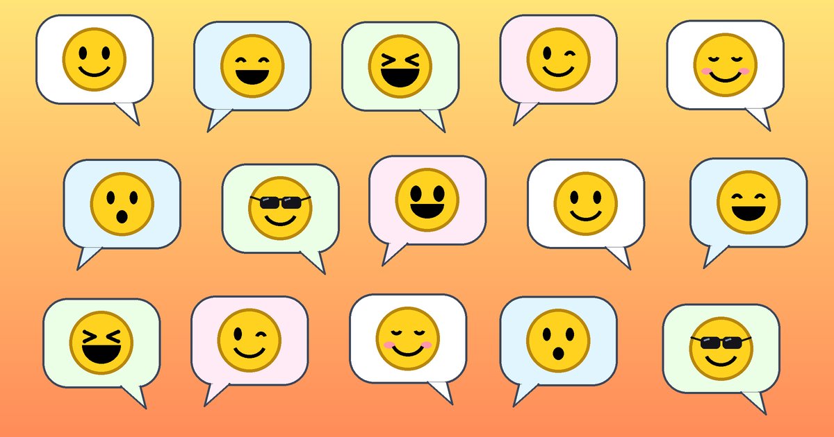 Smiley faces in speech bubbles: a collage of yellow smiley faces in colourful chat speech bubbles